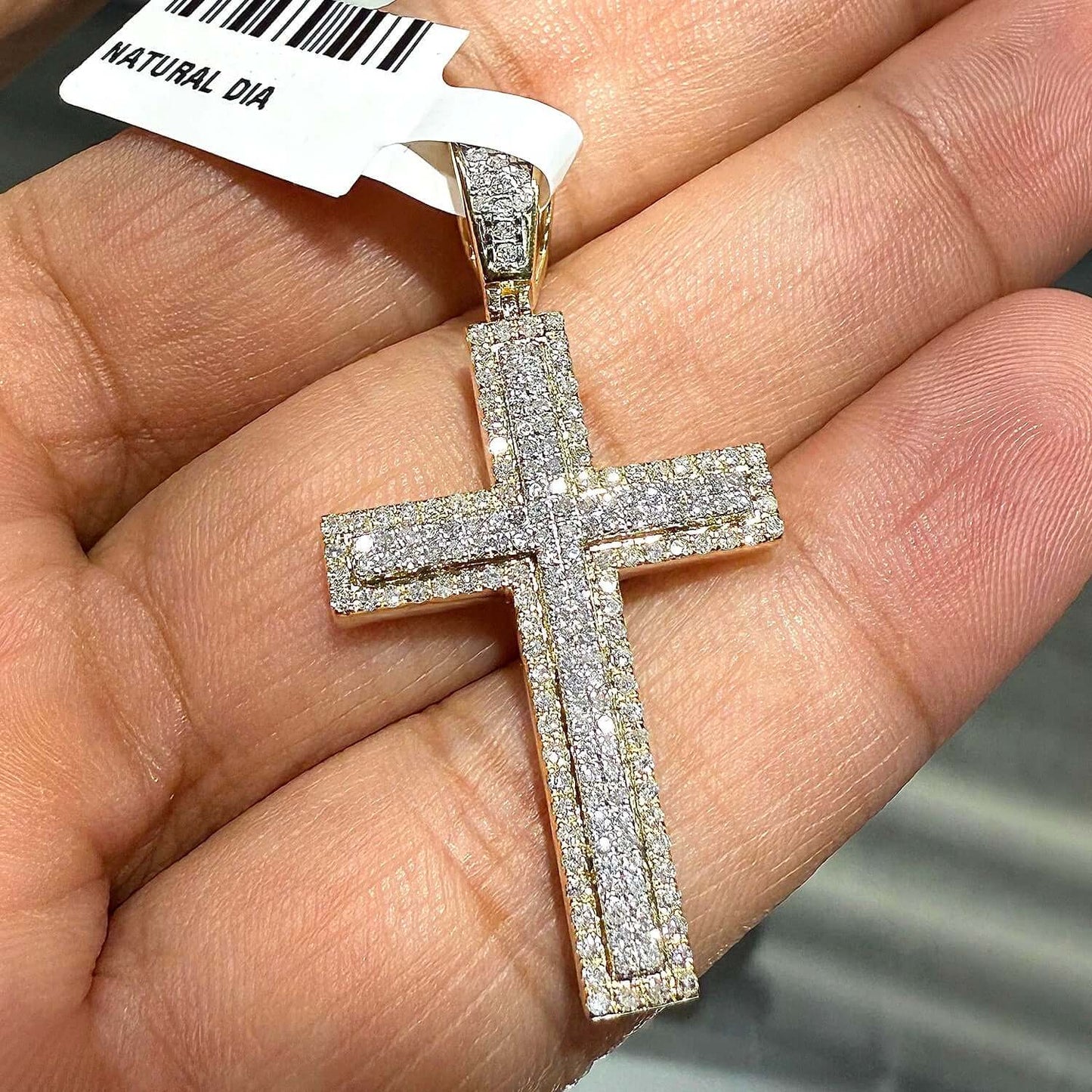 .75CTW Real Diamond 14K Gold Two-Tone Yellow White Pave Cross Pendant 1.6"