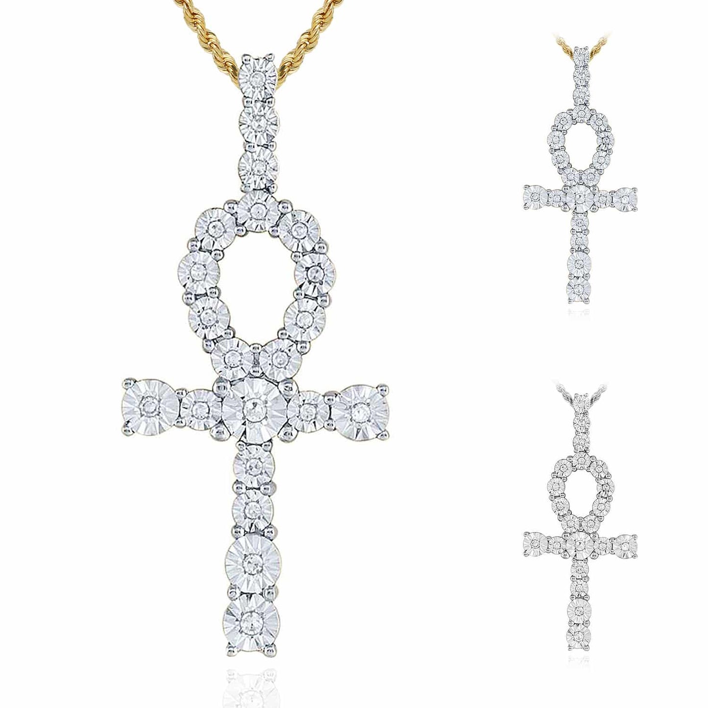 .20CTW Real Diamond 10K Gold Yellow White Ankh Cross Charm Pendant