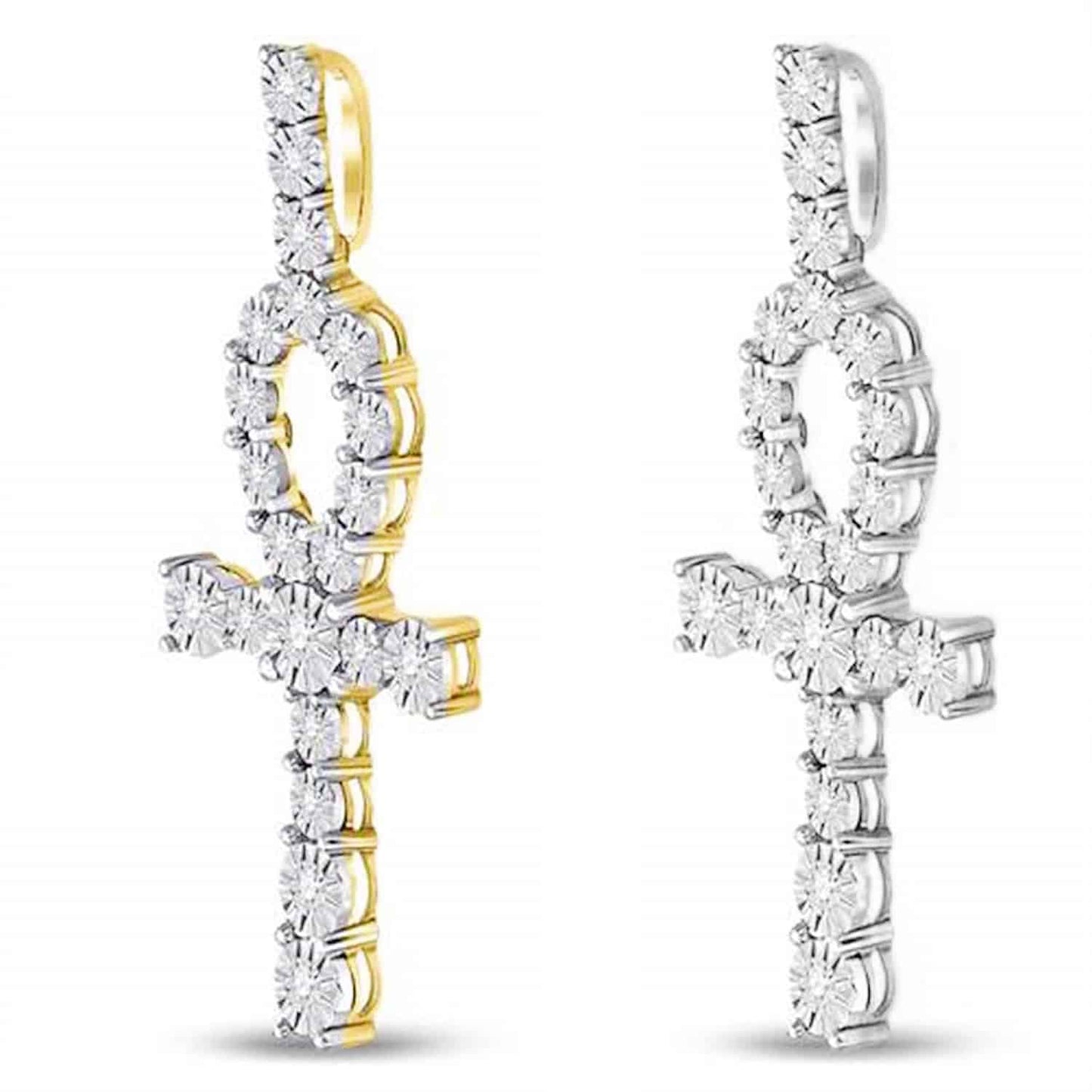 .20CTW Real Diamond 10K Gold Yellow White Ankh Cross Charm Pendant
