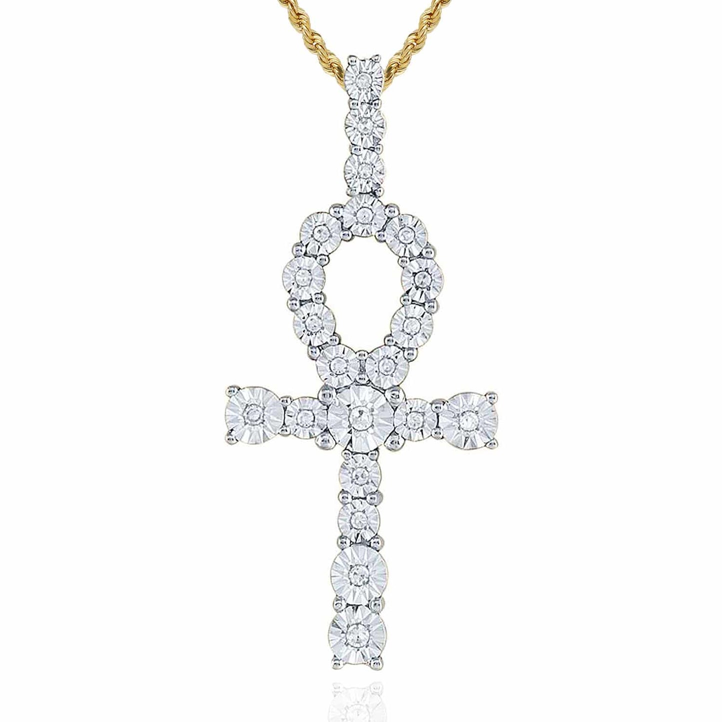 .20CTW Real Diamond 10K Gold Yellow White Ankh Cross Charm Pendant