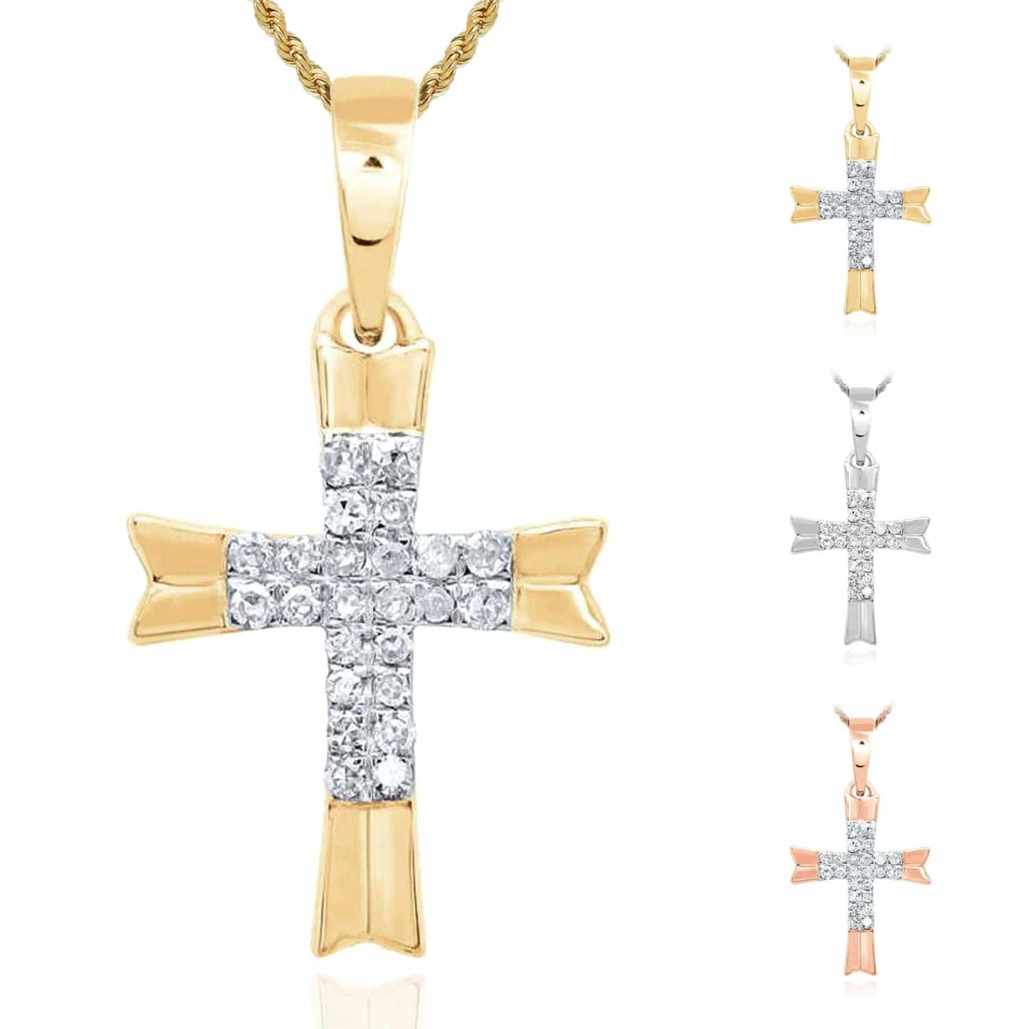 .08CTW Real Diamond 10K Gold Yellow White Rose Cross Pendant