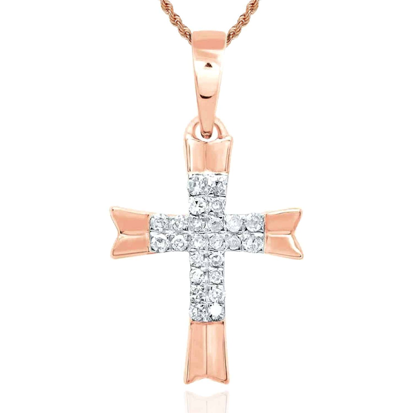 .08CTW Real Diamond 10K Gold Yellow White Rose Cross Pendant