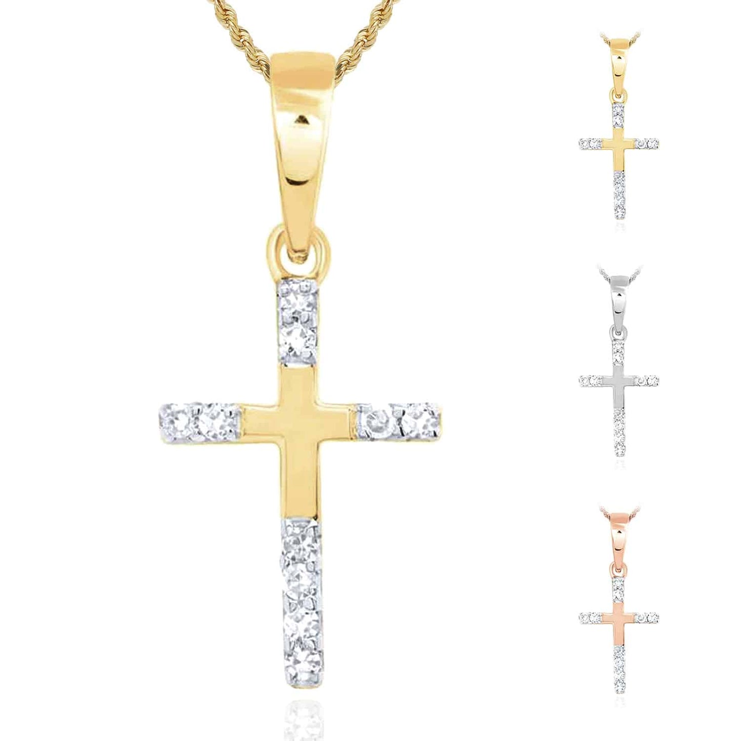 .05CTW Real Diamond 10K Gold Yellow White Rose Cross Pendant