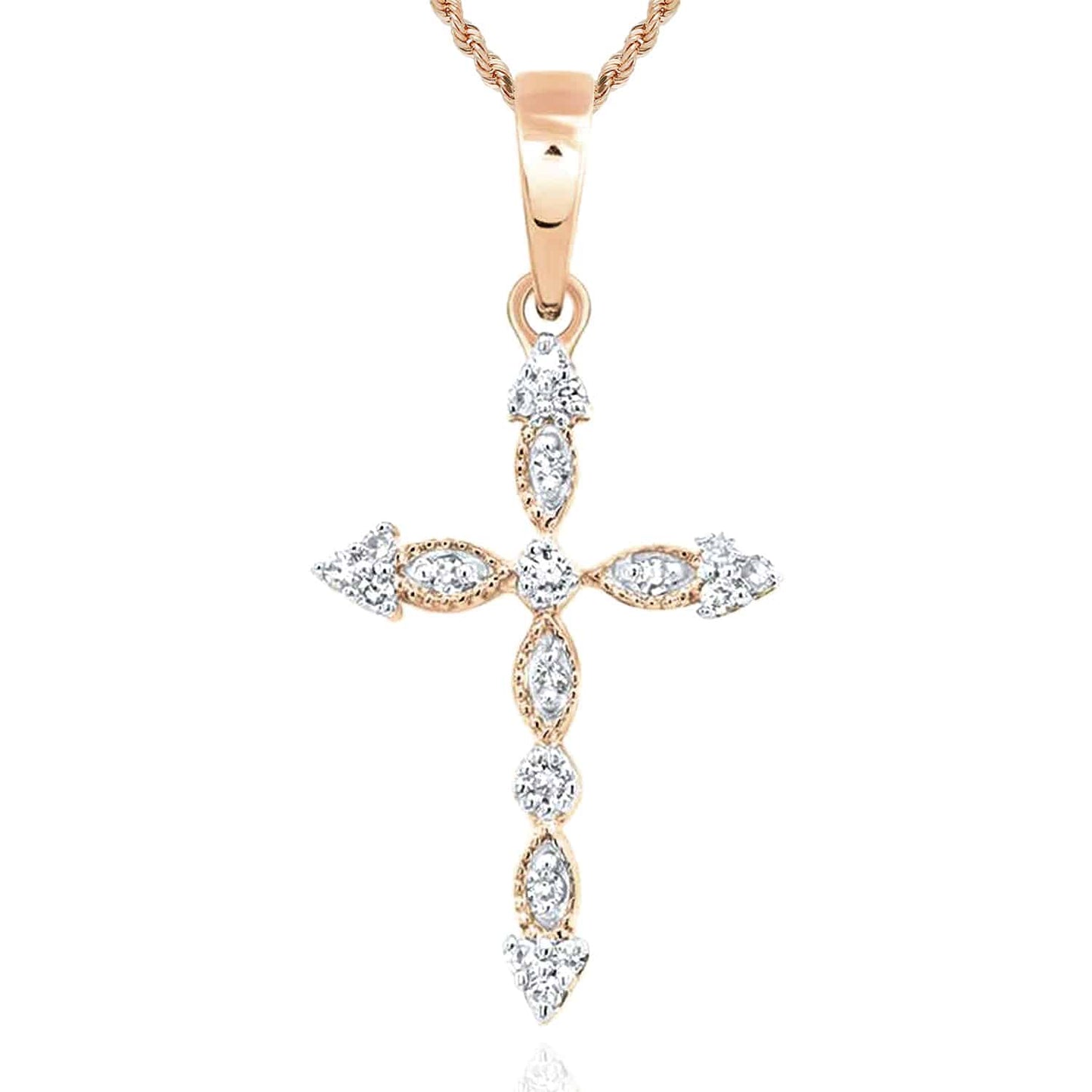 .08CTW Real Diamond 10K Gold Yellow White Rose Milgrain Cross Pendant