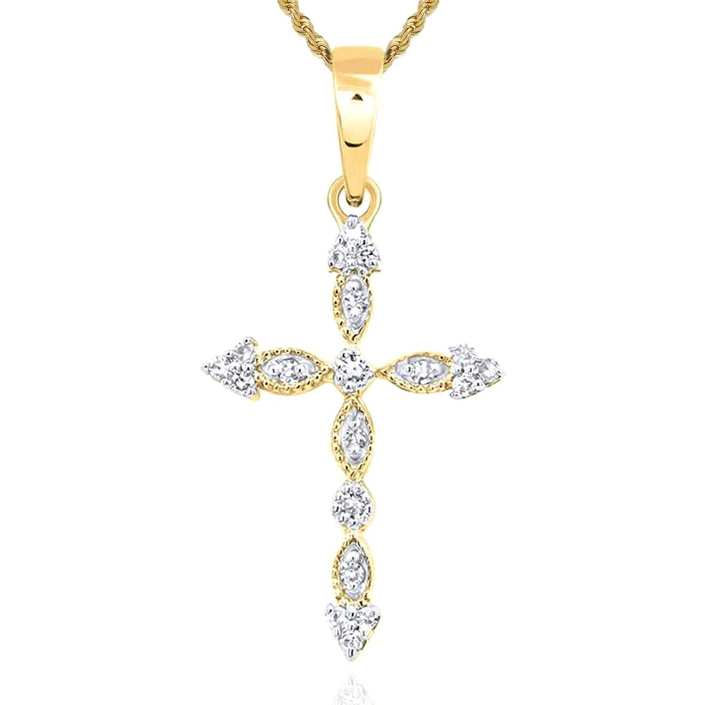 .08CTW Real Diamond 10K Gold Yellow White Rose Milgrain Cross Pendant