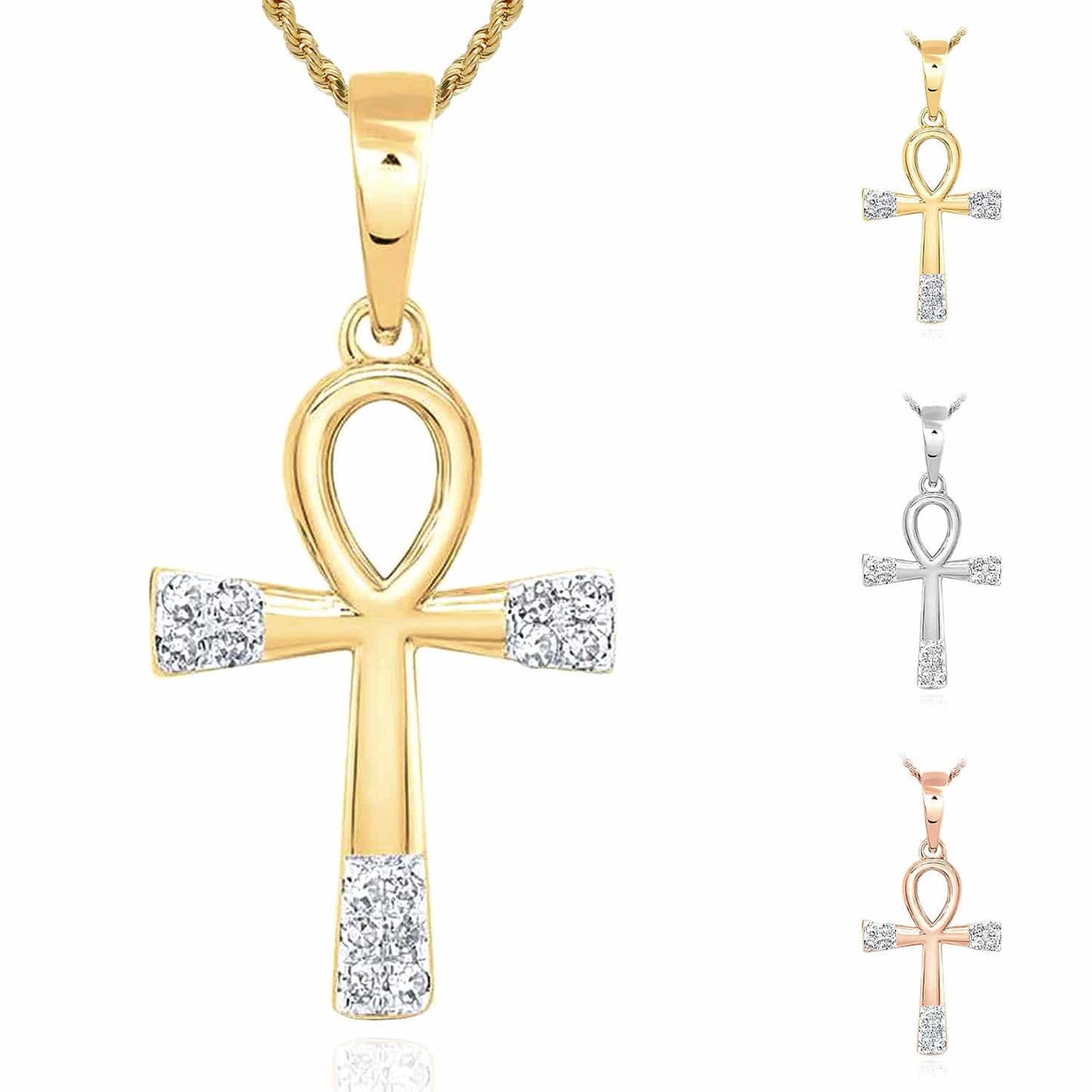 .05CTW Real Diamond 10K Gold Yellow White Rose Ankh Cross Pendant
