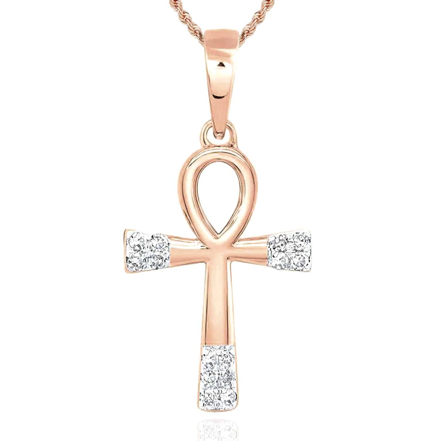 .05CTW Real Diamond 10K Gold Yellow White Rose Ankh Cross Pendant