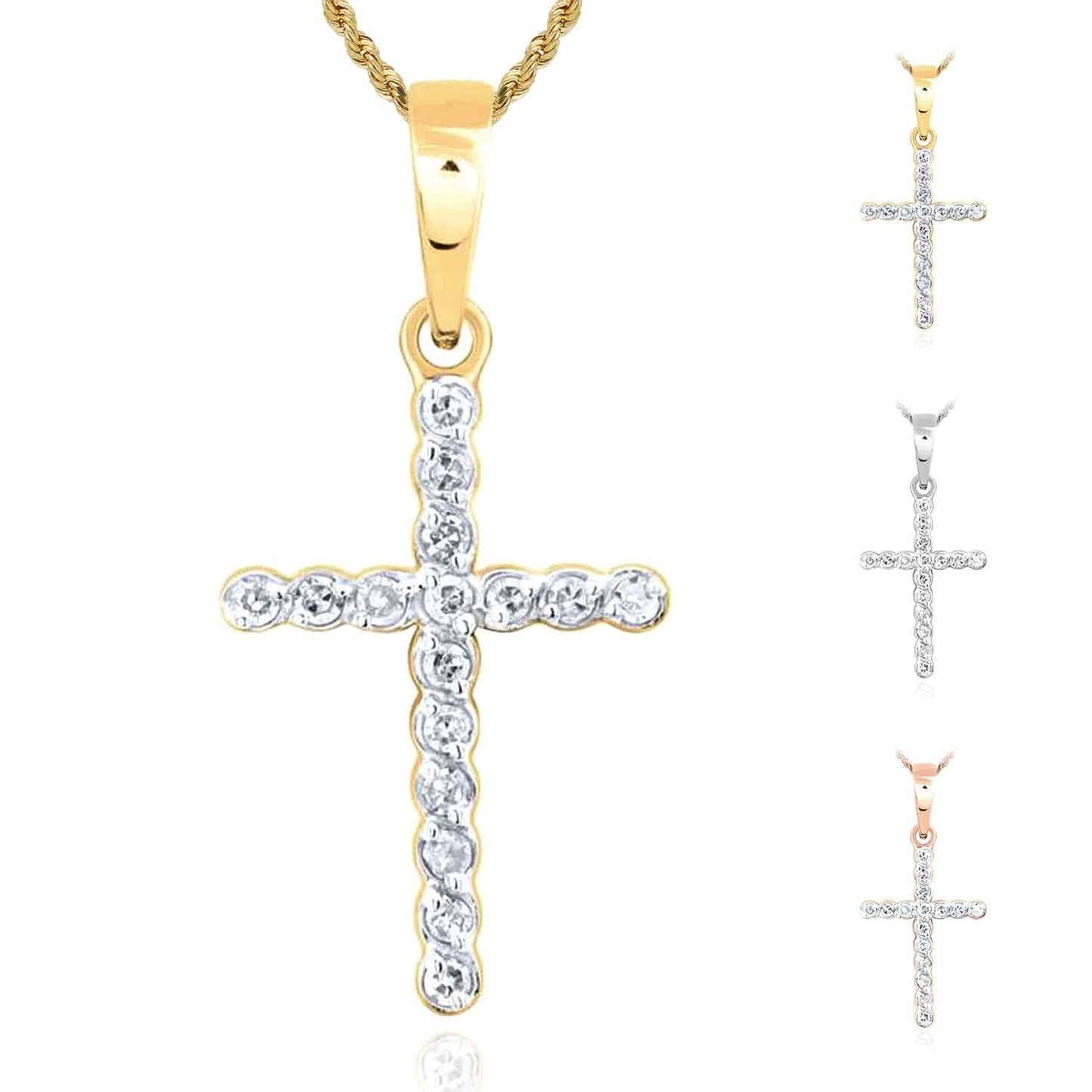 .10CTW Real Diamond 10K Gold Yellow White Rose Bezel Cross Pendant