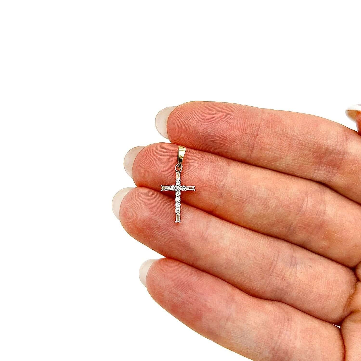 .10CTW Real Diamond 10K Gold Round Baguette Cross Pendant