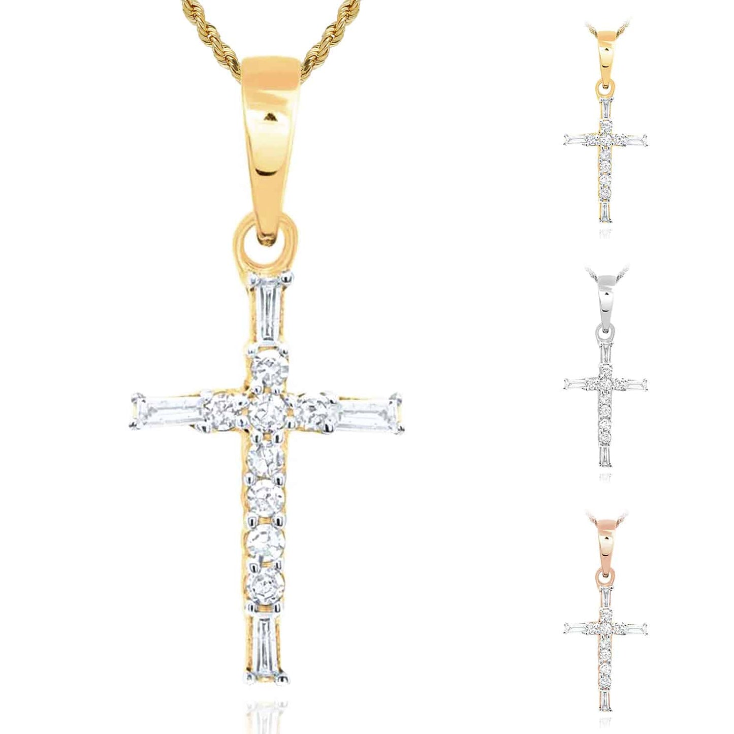 .10CTW Real Diamond 10K Gold Round Baguette Cross Pendant