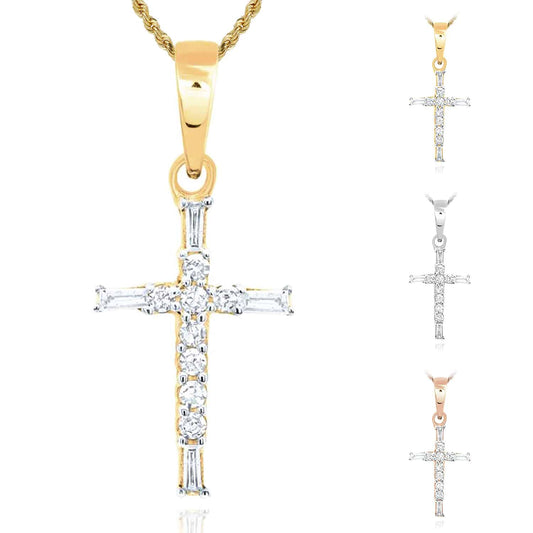 .10CTW Natural Diamond 10K Gold Round Baguette Cross Pendant
