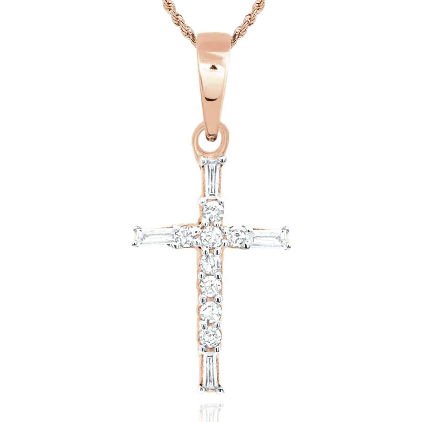 .10CTW Real Diamond 10K Gold Round Baguette Cross Pendant