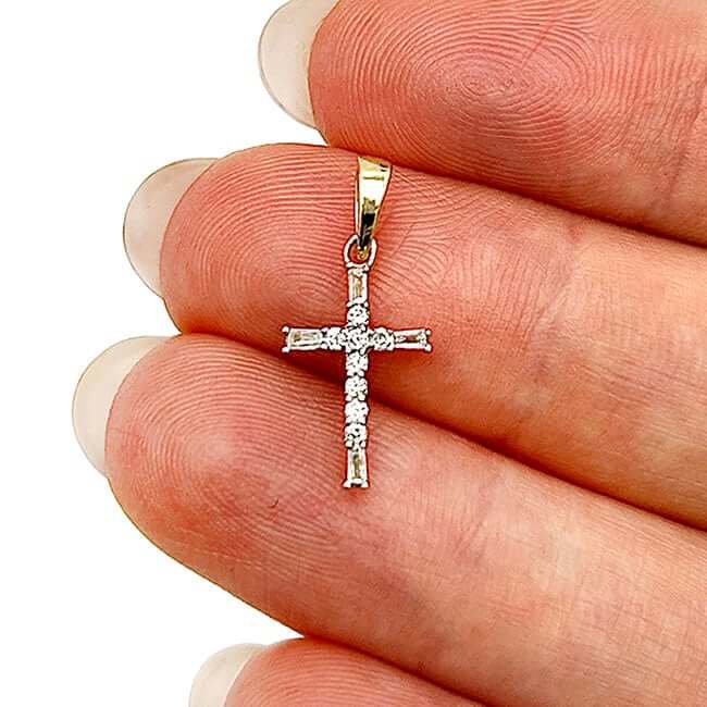 .10CTW Real Diamond 10K Gold Round Baguette Cross Pendant