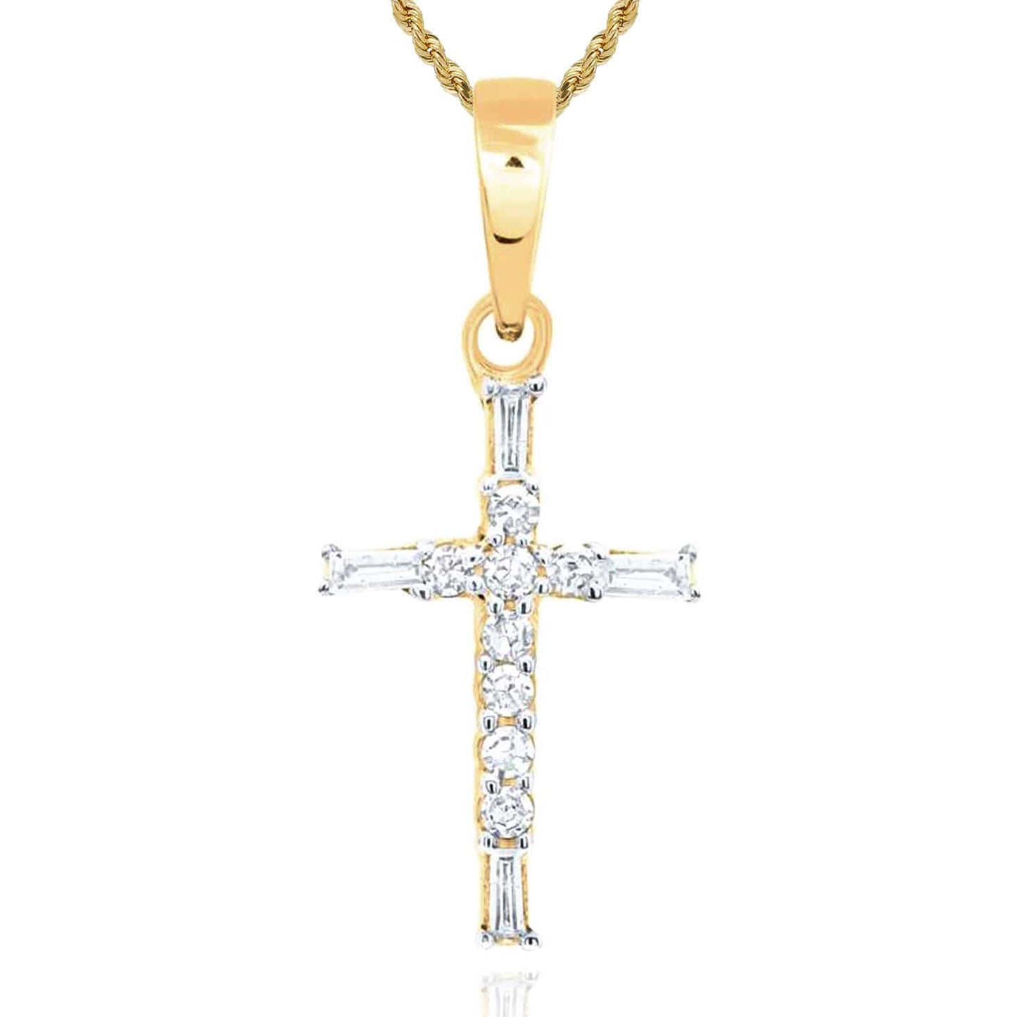 .10CTW Real Diamond 10K Gold Round Baguette Cross Pendant
