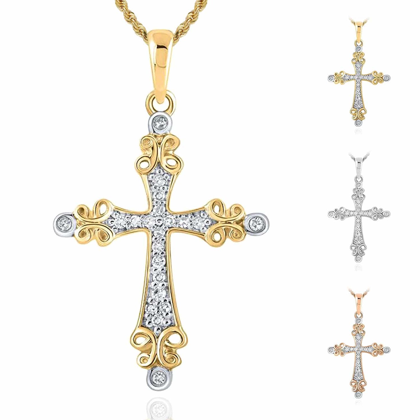 .10CTW Real Diamond 10K Gold Yellow White Rose Filigree Cross Pendant