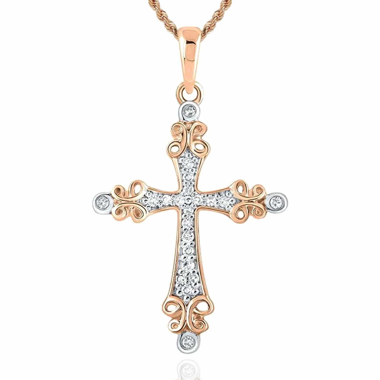 .10CTW Real Diamond 10K Gold Yellow White Rose Filigree Cross Pendant