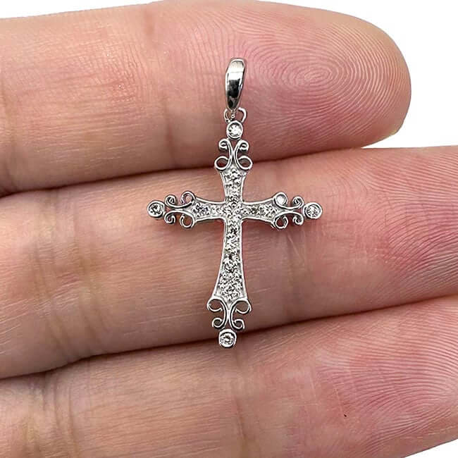 .10CTW Natural Diamond 10K Gold Yellow White Rose Filigree Cross Pendant