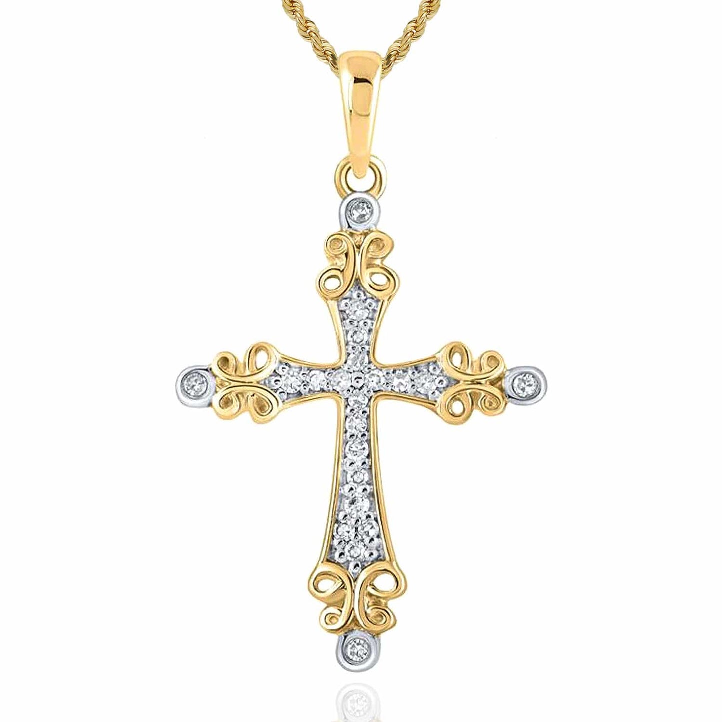 .10CTW Real Diamond 10K Gold Yellow White Rose Filigree Cross Pendant