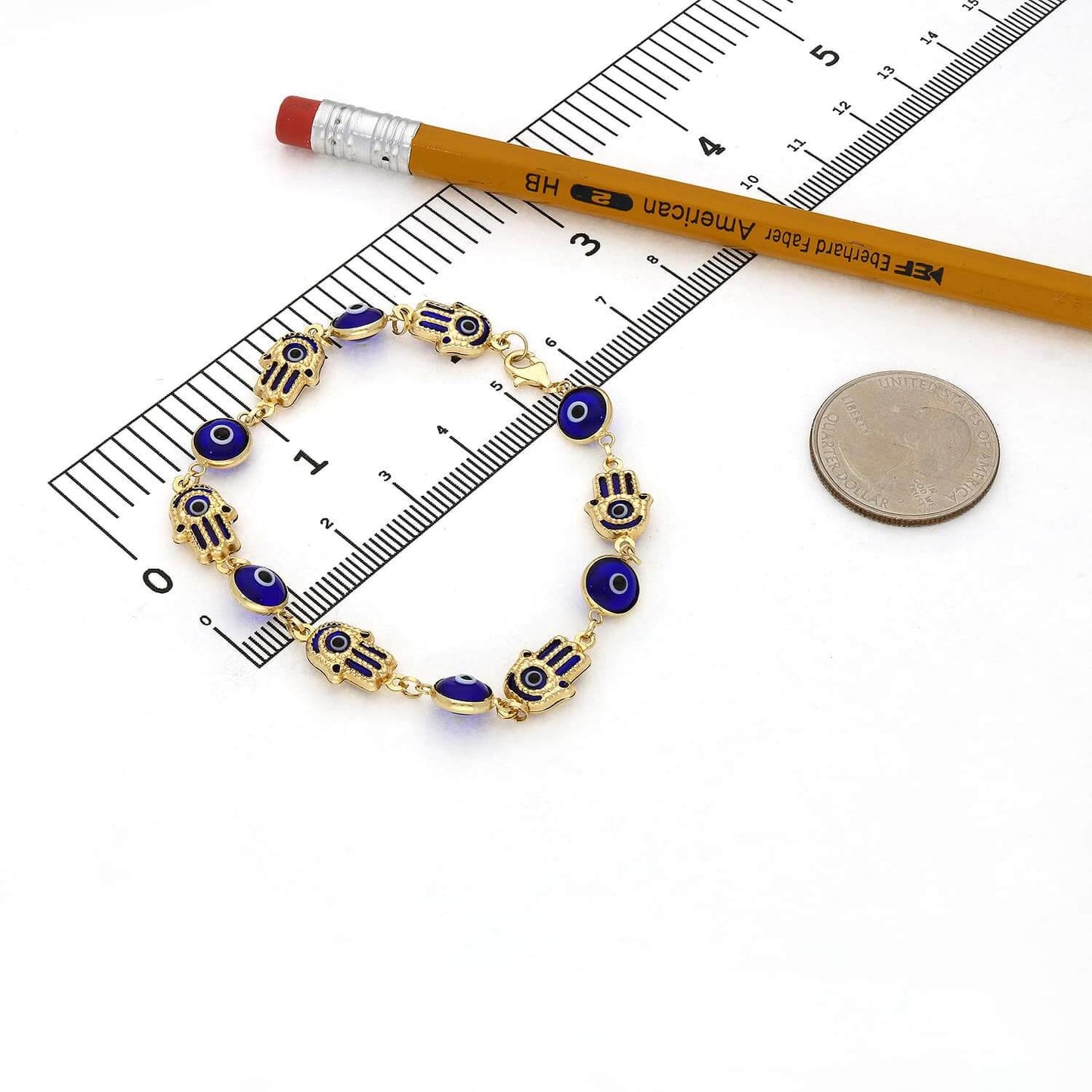 14K Gold Yellow Blue Evil Eye Hamsa Hand Bracelet 7.5"