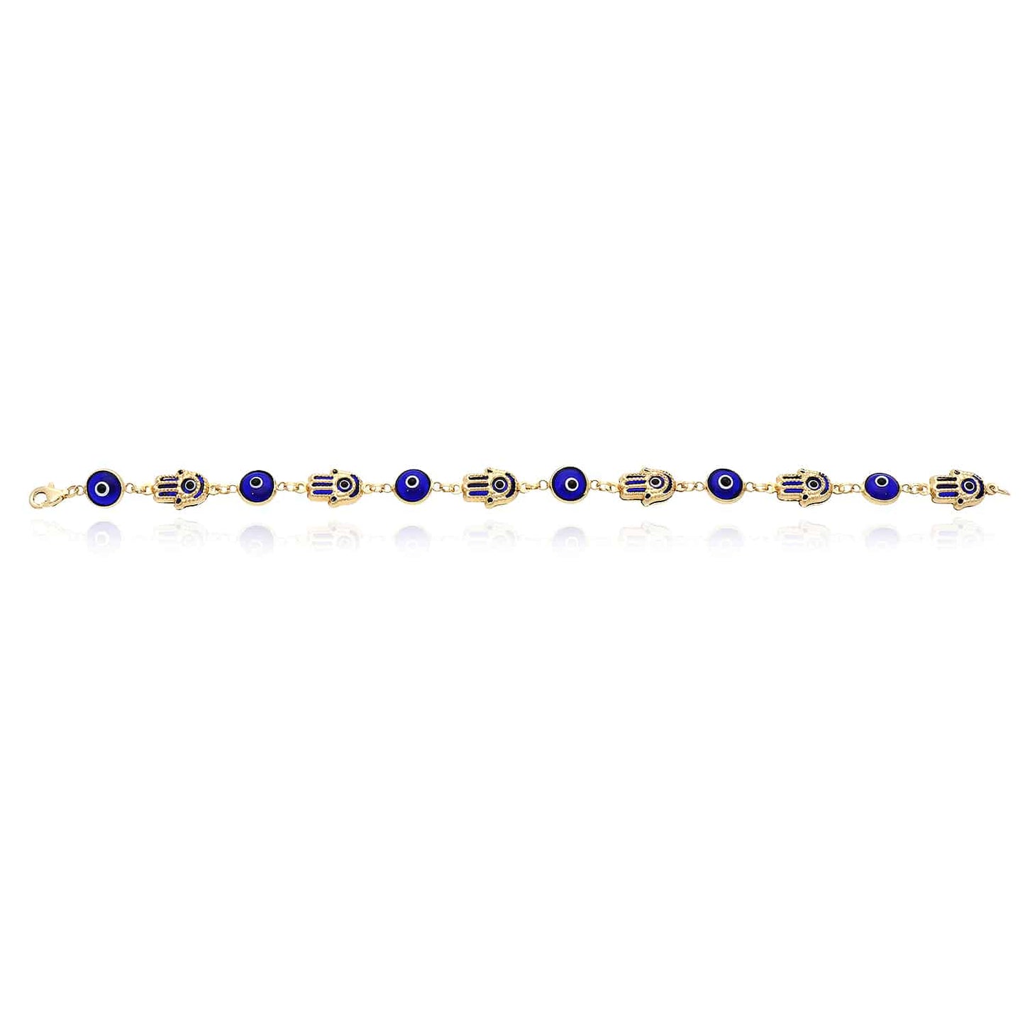 14K Gold Yellow Blue Evil Eye Hamsa Hand Bracelet 7.5"