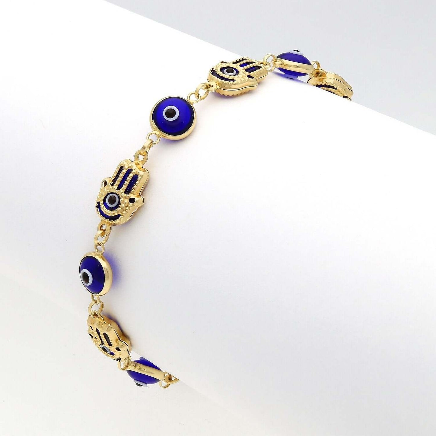 14K Gold Yellow Blue Evil Eye Hamsa Hand Bracelet 7.5"