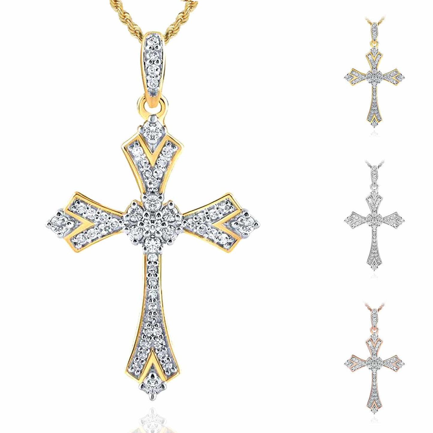 .22CTW Real Diamond 10K Gold Yellow White Rose Cross Pendant 1.1"