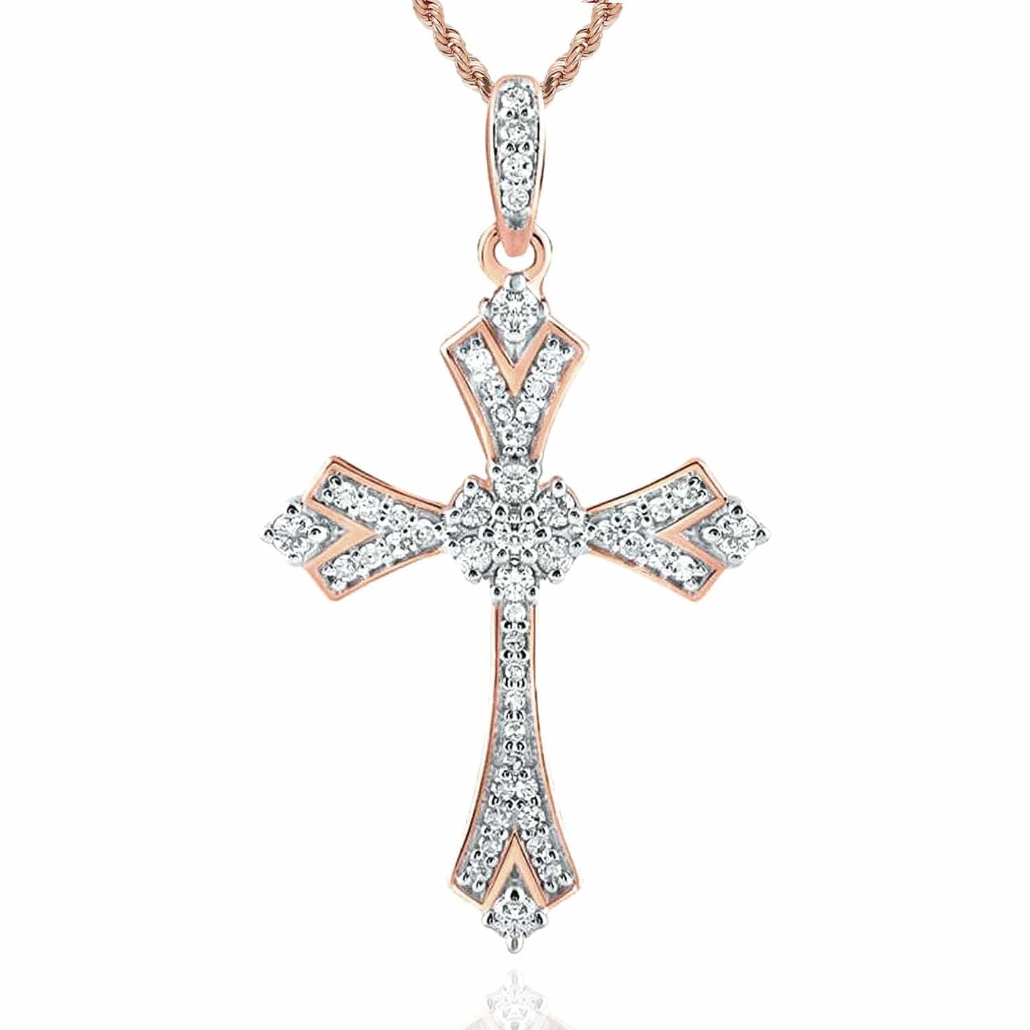 .22CTW Real Diamond 10K Gold Yellow White Rose Cross Pendant 1.1"
