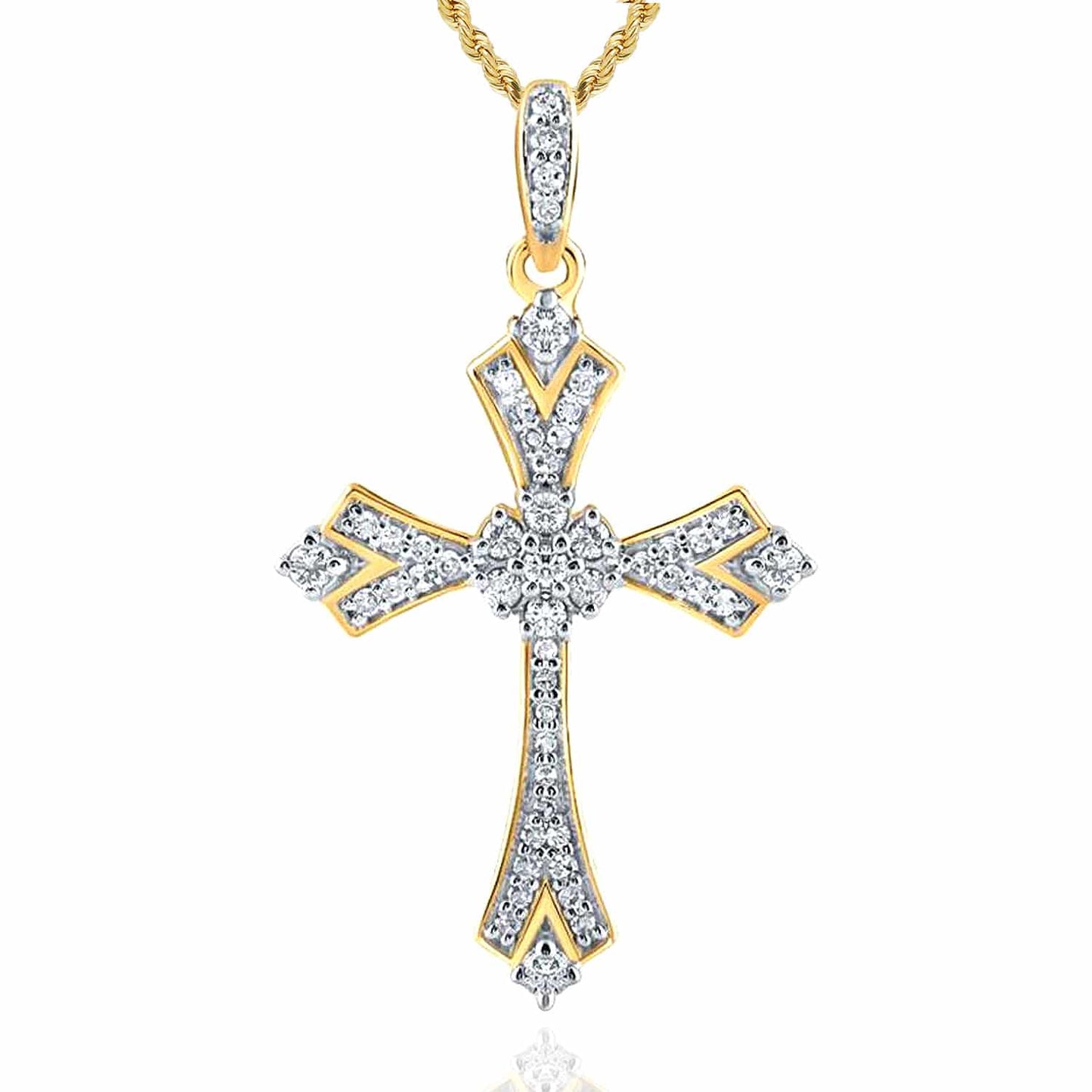.22CTW Real Diamond 10K Gold Yellow White Rose Cross Pendant 1.1"