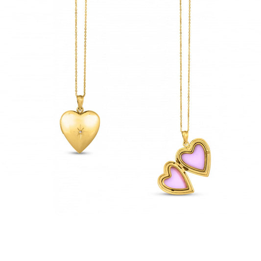 Natural Diamond 14K Gold Heart Locket Pendant Cable Necklace 18"