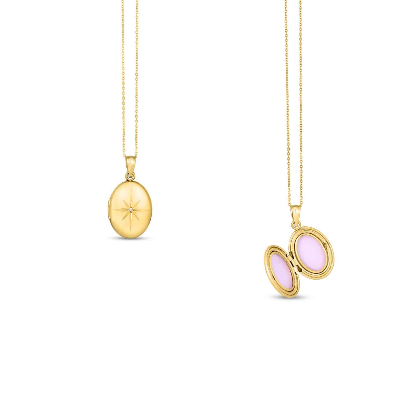 Real Diamond 14K Gold North Star Oval Locket Pendant Necklace 18"