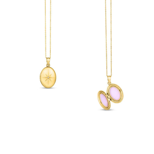 Natural Diamond 14K Gold North Star Oval Locket Pendant Necklace 18"