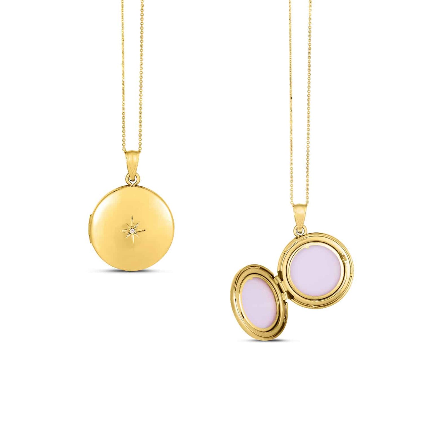 Natural Diamond 14K Gold North Star Round Locket Pendant with 18" Cable Chain