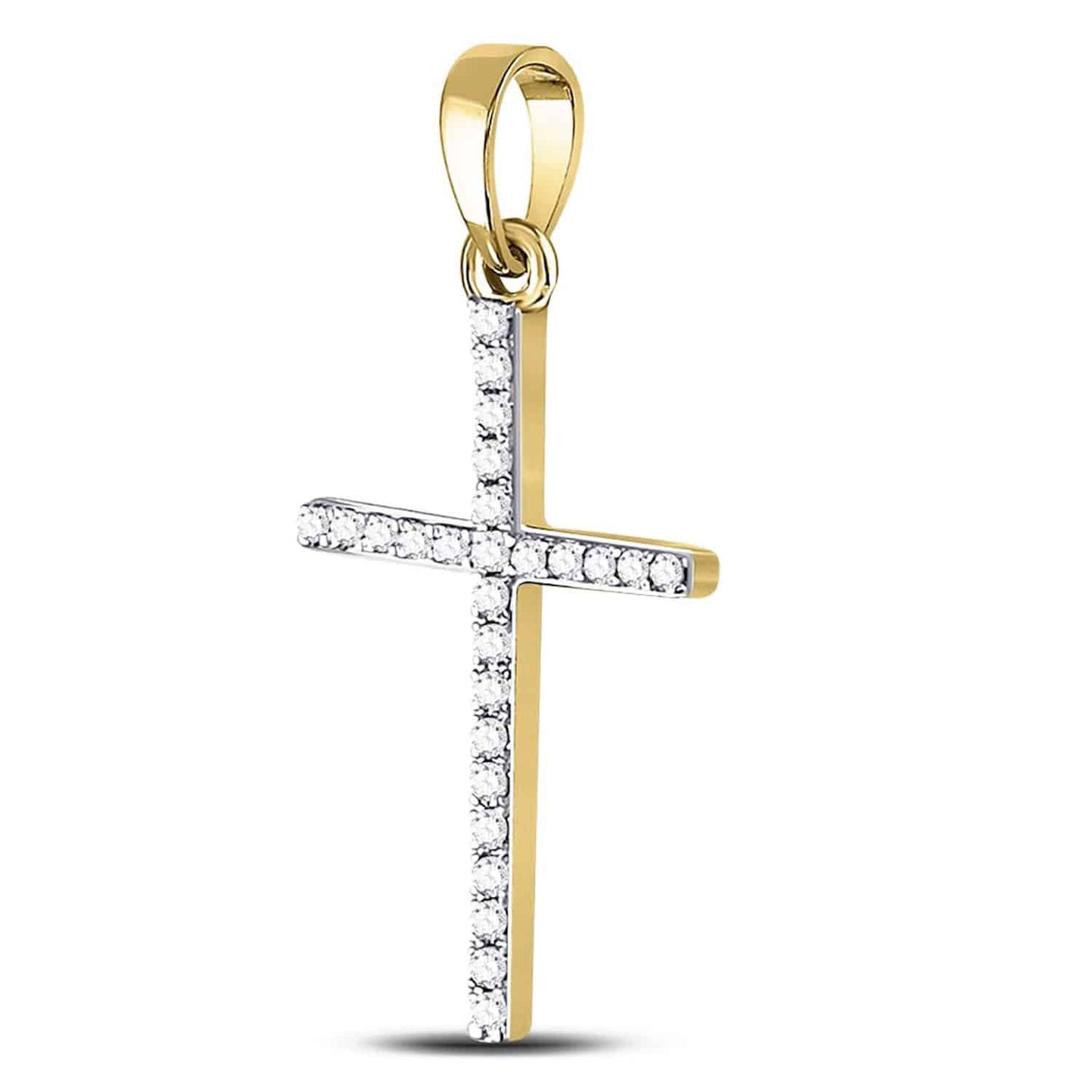 0.15CTW Real Diamond 10K Gold Yellow White Thin Cross Pendant 1"