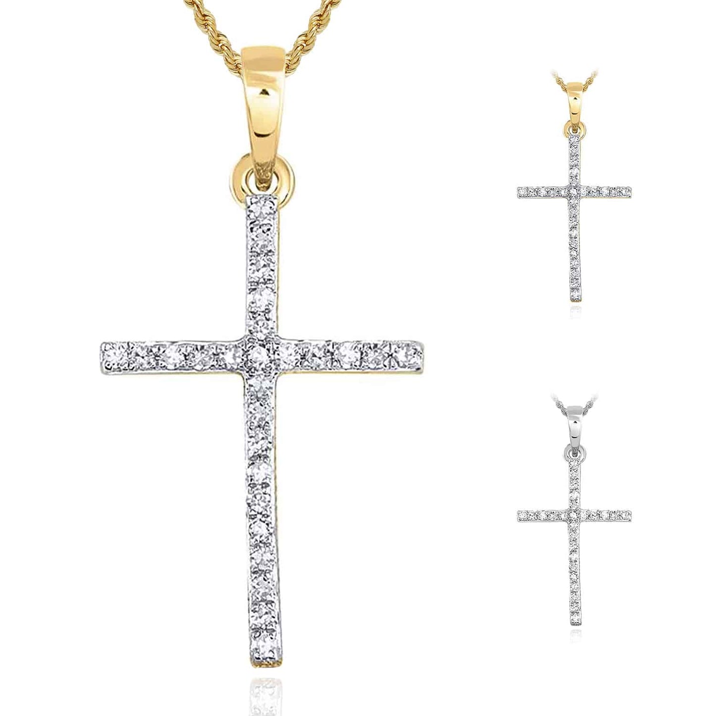 0.15CTW Real Diamond 10K Gold Yellow White Thin Cross Pendant 1"
