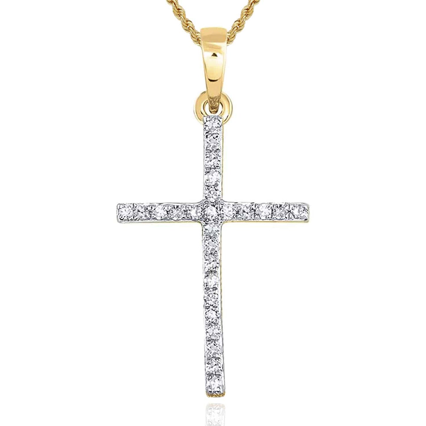0.15CTW Real Diamond 10K Gold Yellow White Thin Cross Pendant 1"
