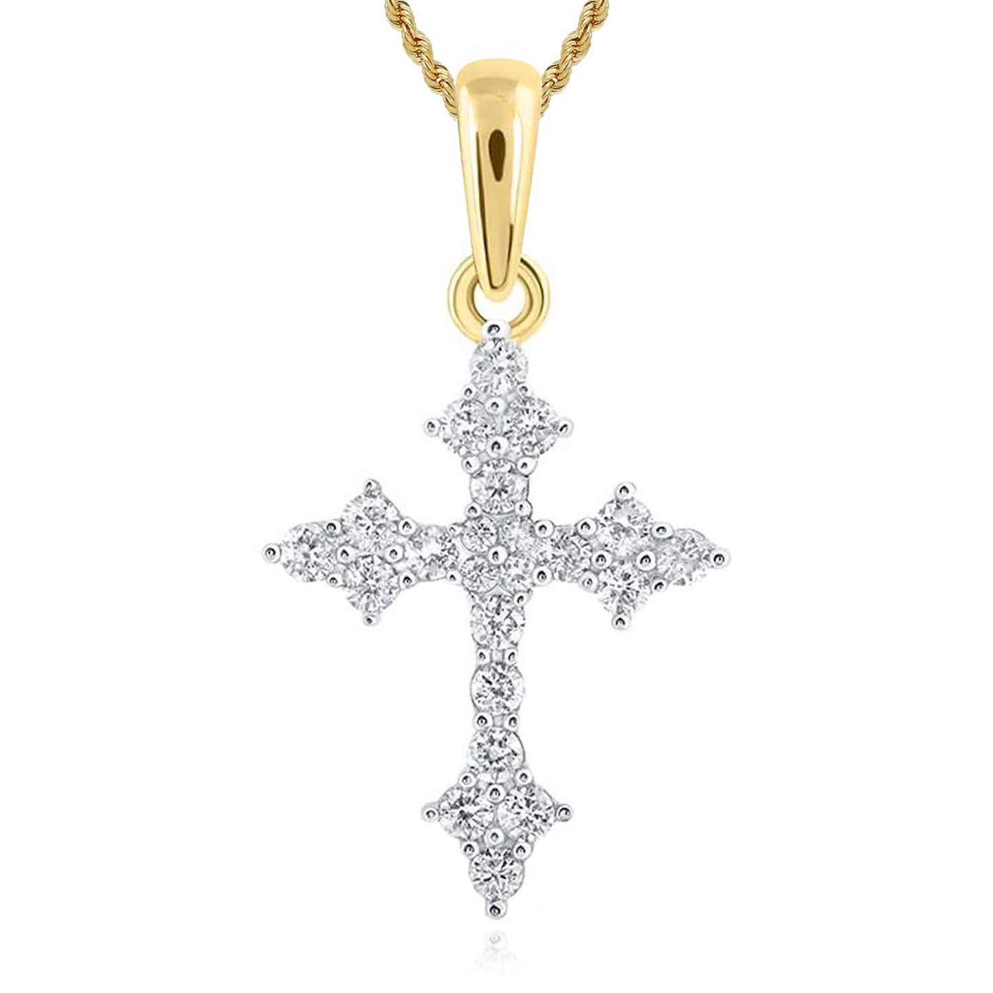 .25CTW Real Diamond 10K Gold Yellow White Rose Cross Pendant 0.6"