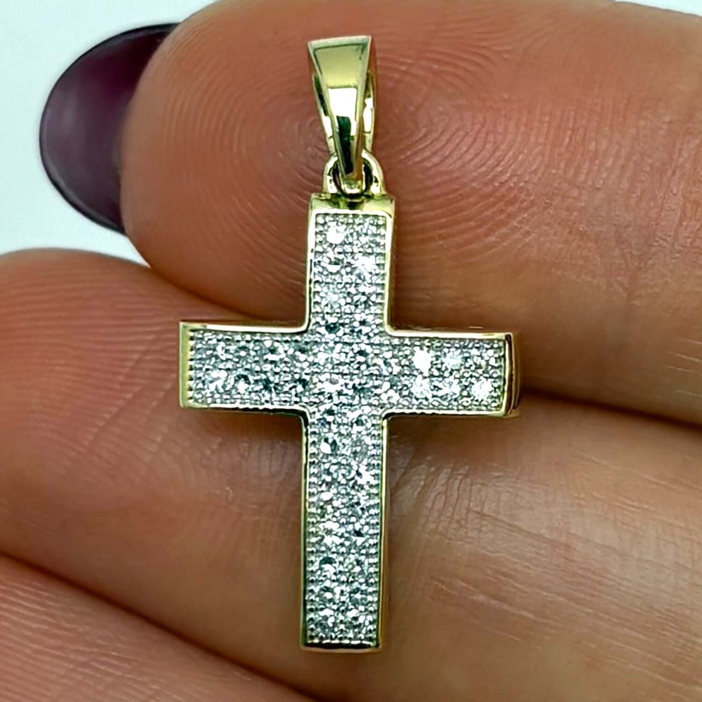.22CTW Real Diamond 10K Real Gold Modern Cross Pendant 0.95"