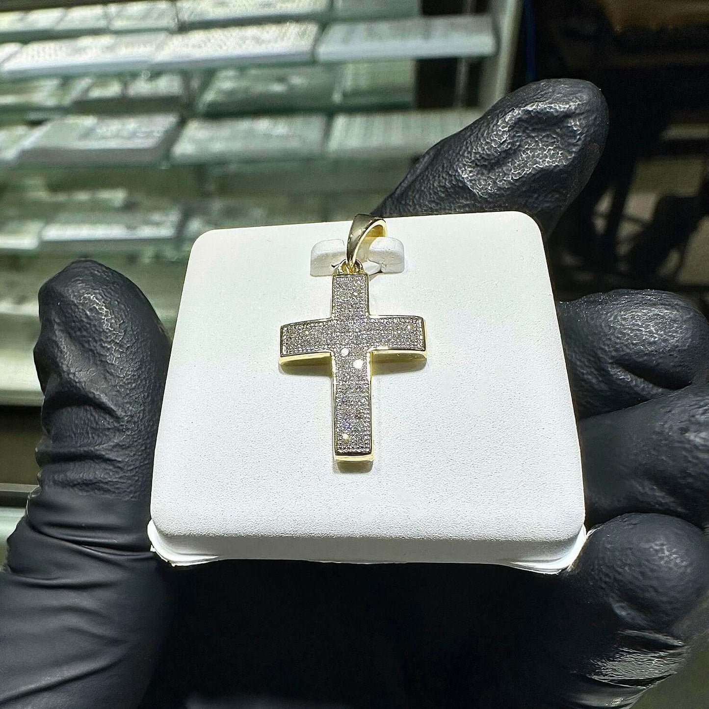 .22CTW Real Diamond 10K Real Gold Modern Cross Pendant 0.95"