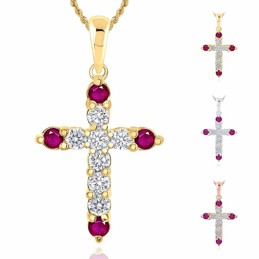 .24CTW Natural Diamond Ruby Accents 10K Gold Yellow White Rose Cross Pendant .9"