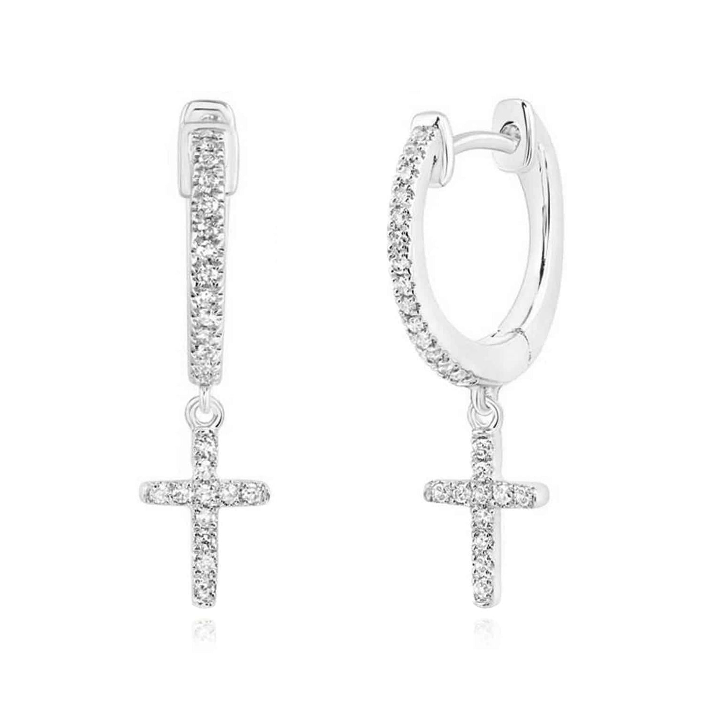.16CTW Real Diamond 10K Gold Yellow White Drop Cross Huggie Earrings