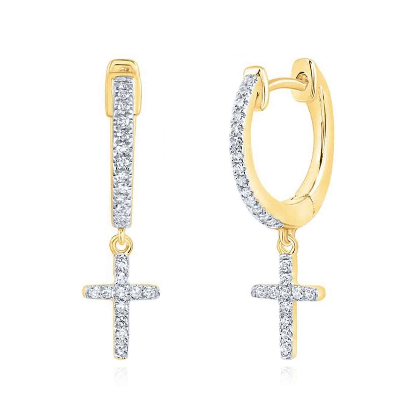 .16CTW Real Diamond 10K Gold Yellow White Drop Cross Huggie Earrings