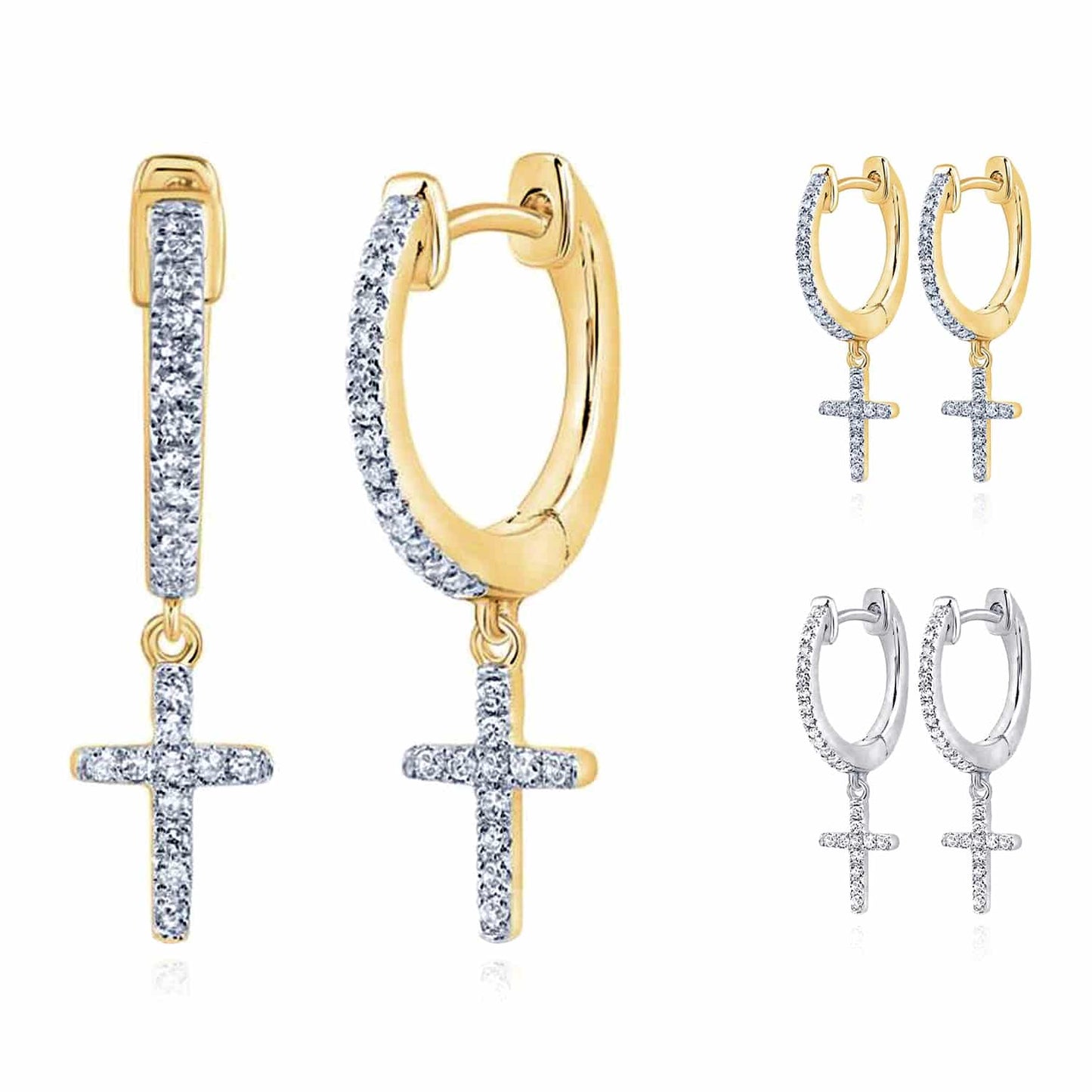 .16CTW Real Diamond 10K Gold Yellow White Drop Cross Huggie Earrings