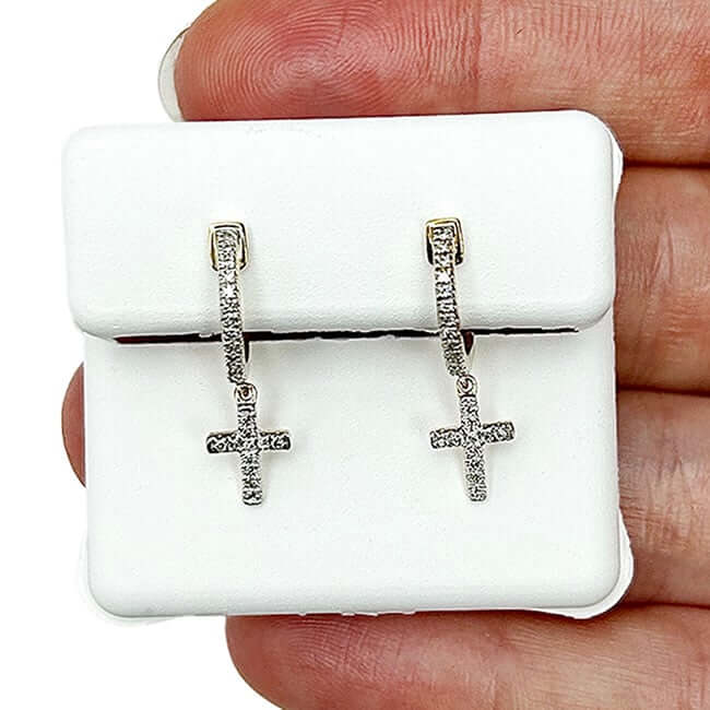 .16CTW Real Diamond 10K Gold Yellow White Drop Cross Huggie Earrings