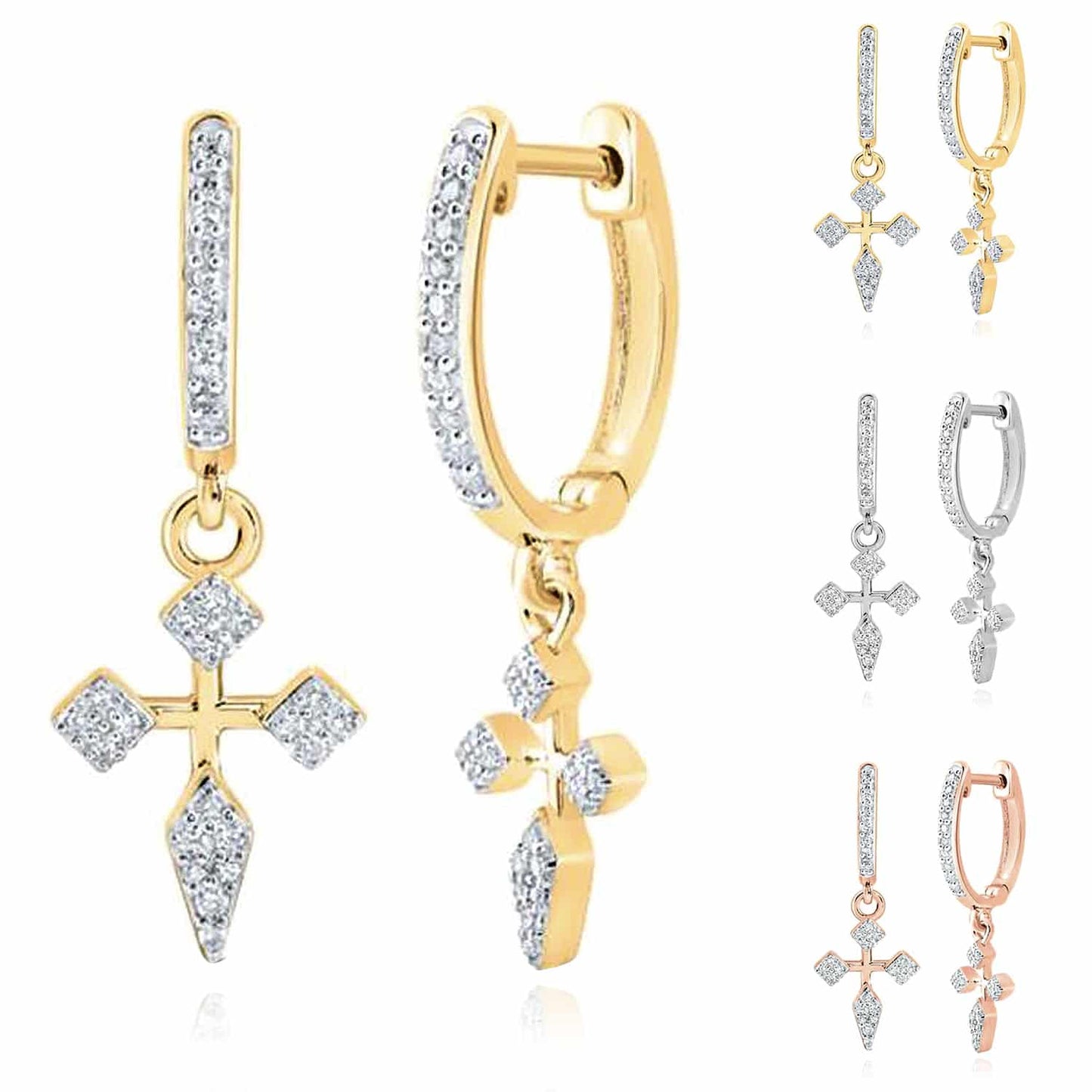.17CTW Real Diamond 10K Gold Yellow White Rose Cross Hoop Earrings