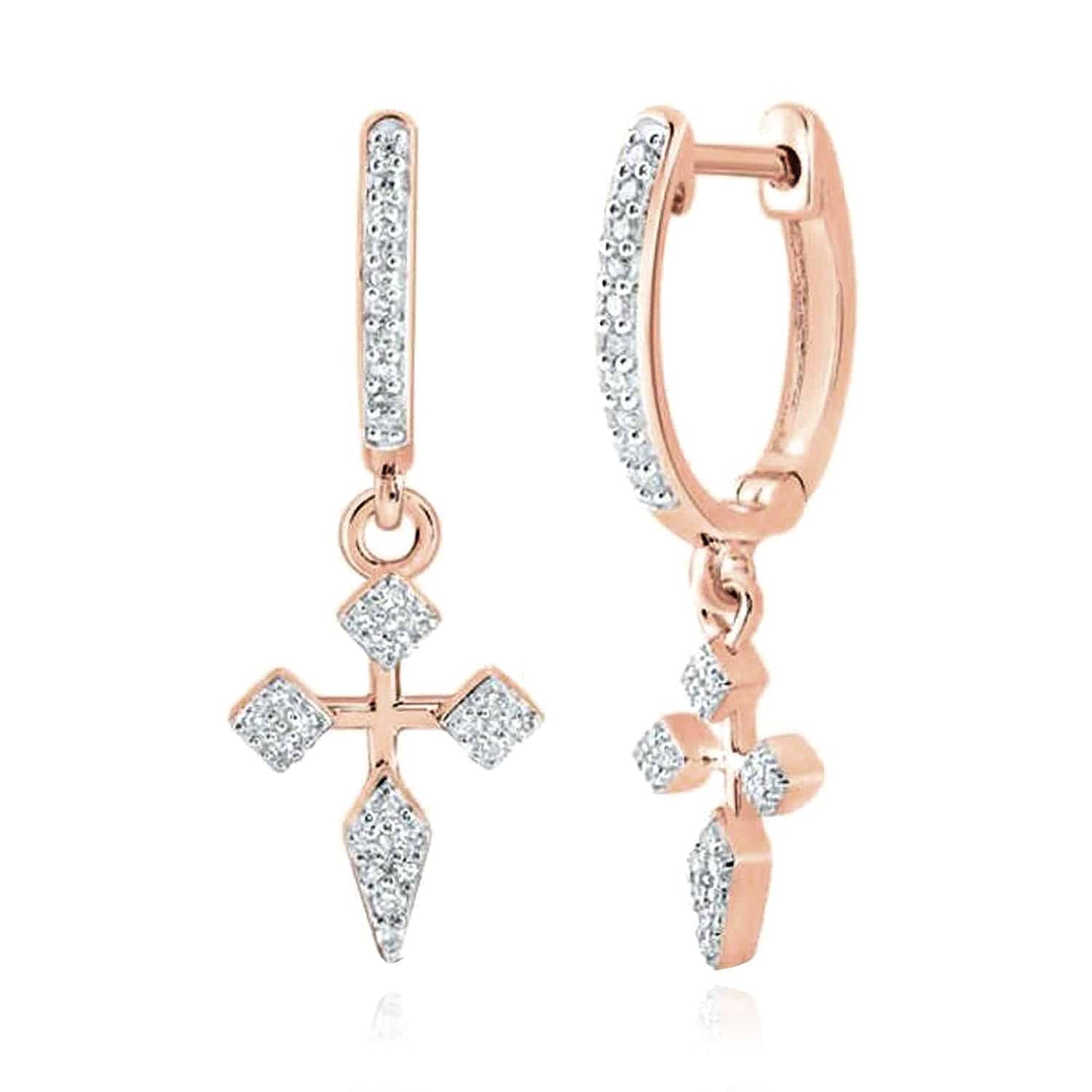 .17CTW Real Diamond 10K Gold Yellow White Rose Cross Hoop Earrings