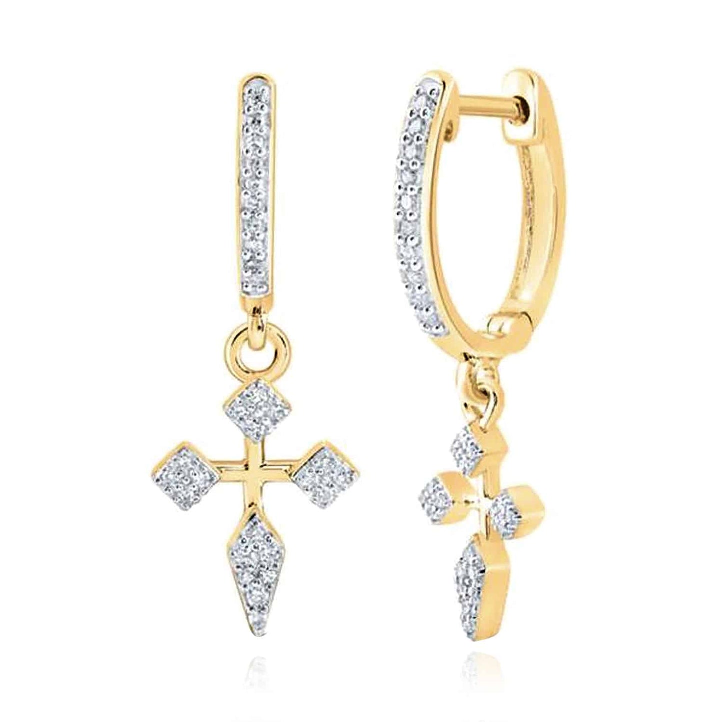 .17CTW Real Diamond 10K Gold Yellow White Rose Cross Hoop Earrings