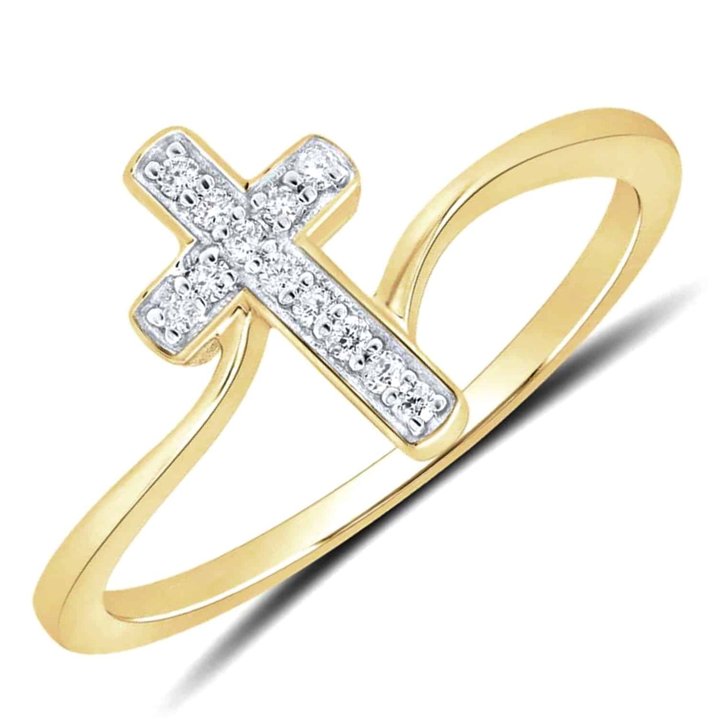 0.08CTW Real Diamond 10K Yellow Gold Cross Ring