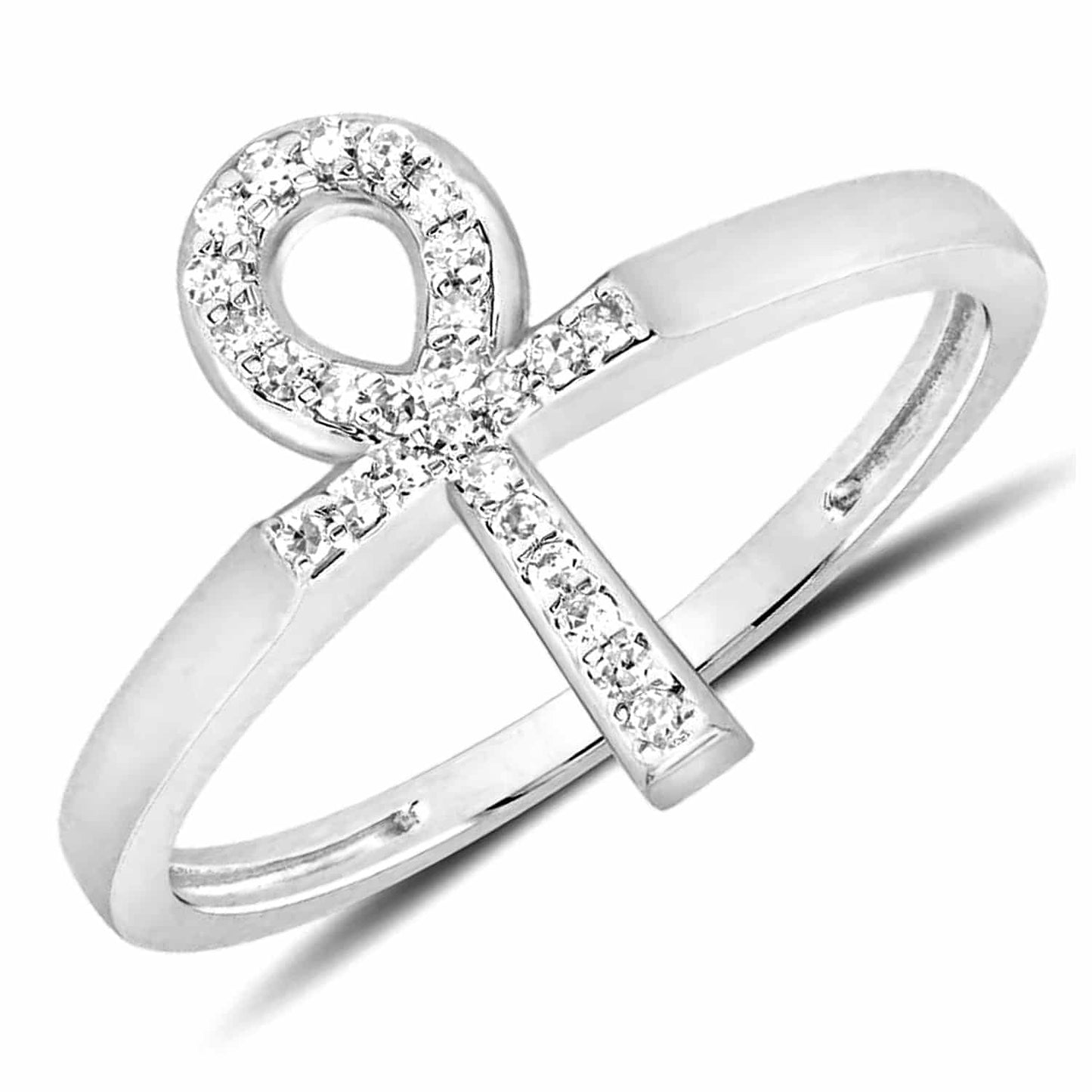 0.10CTW Real Diamond 10K White Gold Ankh Cross Ring