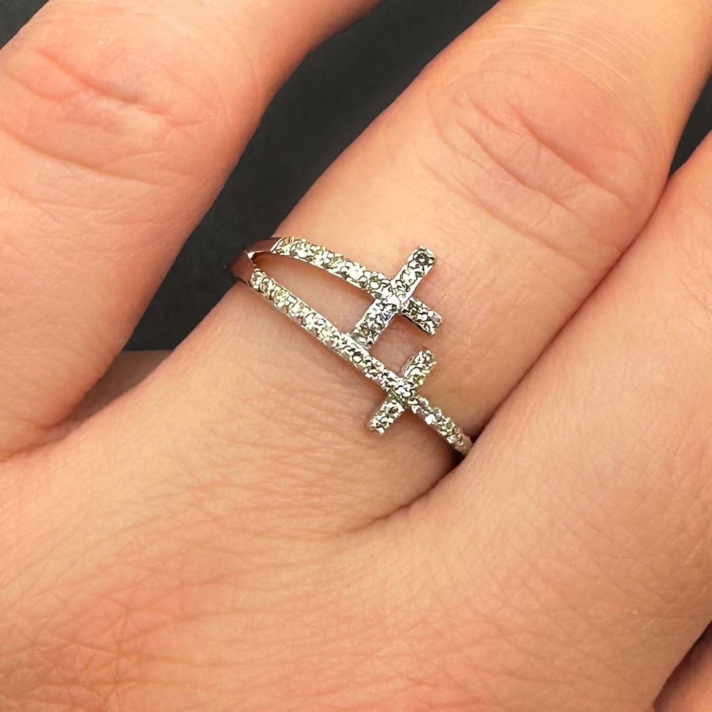 0.20CTW Real Diamond 10K White Gold Sideways Double Cross Ring