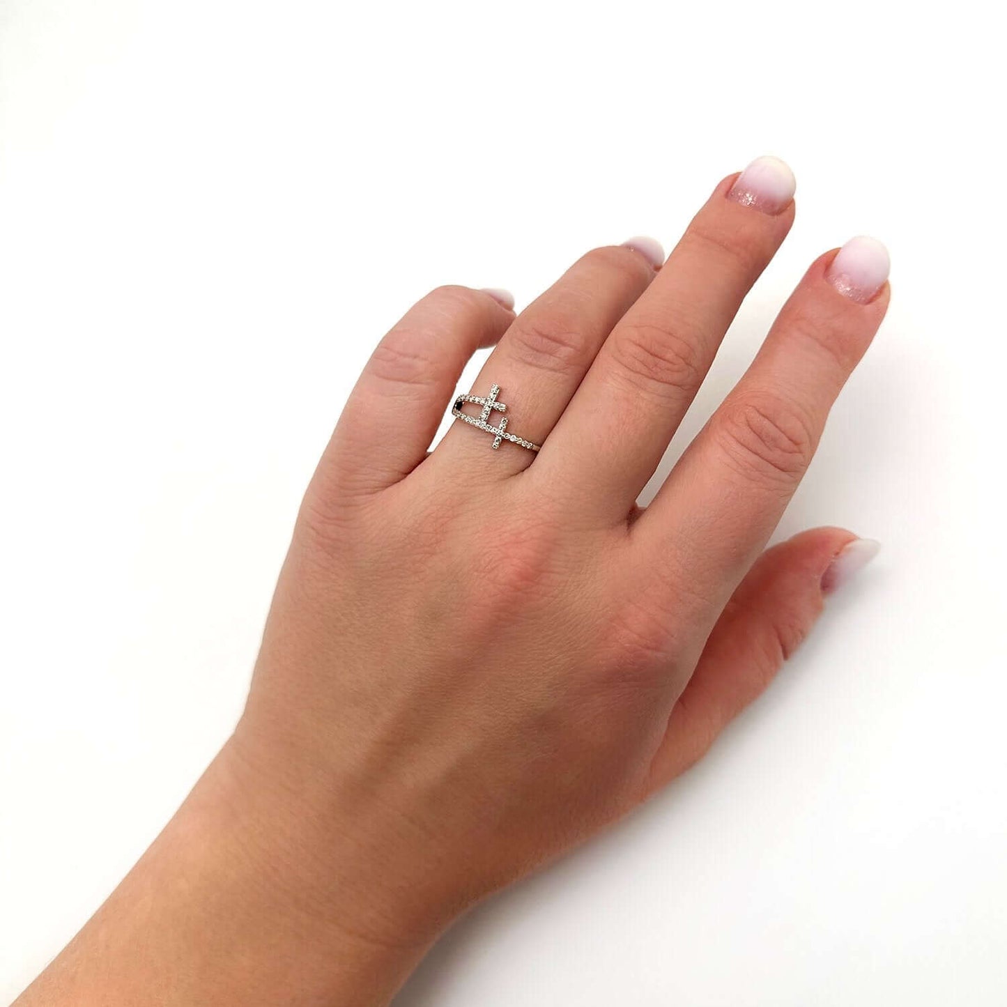 0.20CTW Real Diamond 10K White Gold Sideways Double Cross Ring